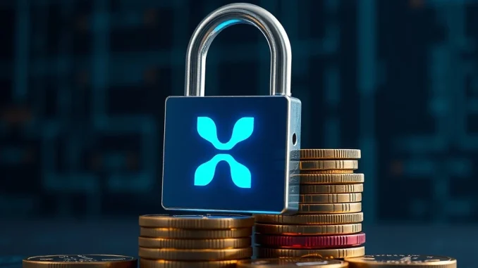 Crucial XRP Move: 100 Million Tokens Locked by Ripple An illustration of a secure digital lock over XRP coins, symbolizing 100 million XRP tokens locked in Ripple's escrow for market stability.