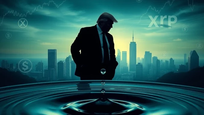 An urgent warning symbol superimposed on XRP logos, amidst a backdrop of financial charts and a subtle political silhouette, symbolizing critical XRP and Trump crypto news.