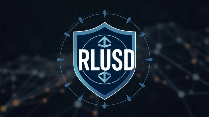 A digital representation of Ripple's RLUSD stablecoin symbol with a shield overlay, signifying its trusted status and compliance with the GENIUS Act.