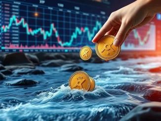 An illustration depicting the impact of a large XRP sale on crypto market confidence and liquidity, featuring a scale balancing these elements.