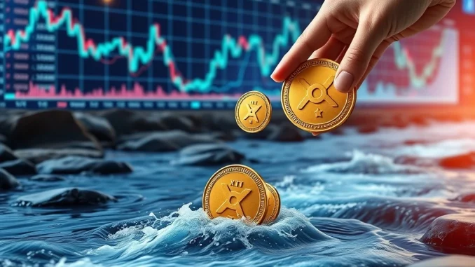 An illustration depicting the impact of a large XRP sale on crypto market confidence and liquidity, featuring a scale balancing these elements.