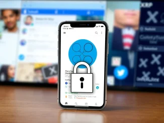 A digital lock protecting a screen showing a fake Ripple executive profile, symbolizing the threat of XRP scams and the need for social media security.