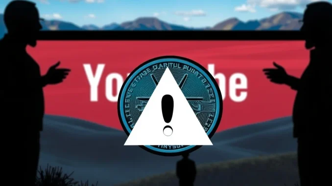 An urgent warning symbol over a digital XRP coin on a YouTube screen, illustrating the rise of crypto scams during the XRP price surge.