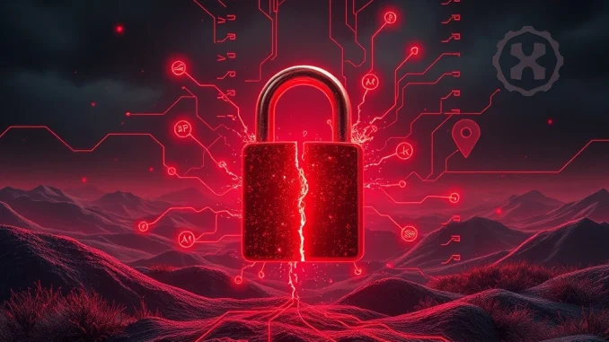 A broken digital padlock symbolizing compromised crypto investment security due to XRP scams and AI crypto fraud.