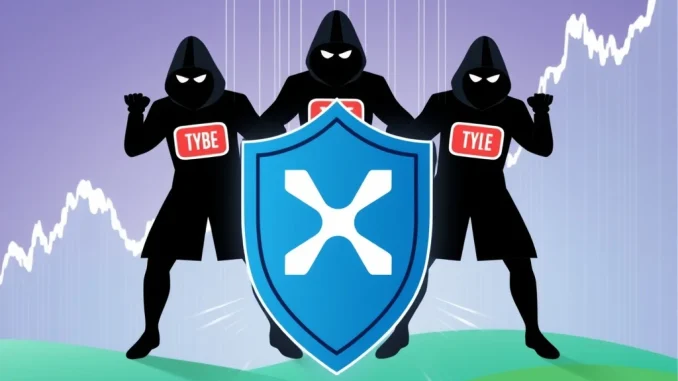 A digital shield protecting XRP tokens from various online threats, symbolizing the urgent need for cryptocurrency security against XRP scams.