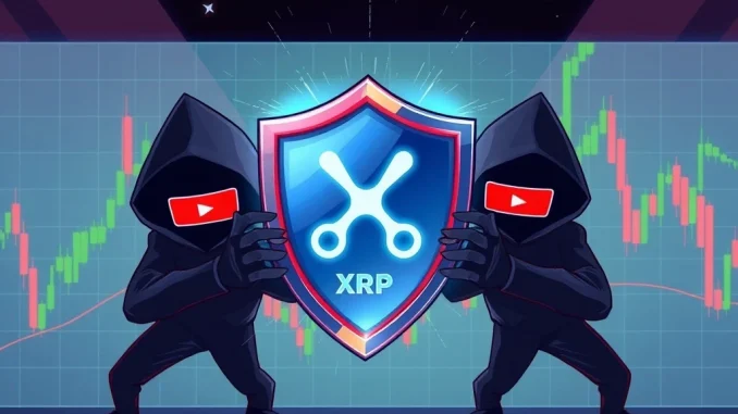 A digital shield protecting the XRP logo from scam threats, illustrating Ripple CEO Brad Garlinghouse's warning against XRP scams.