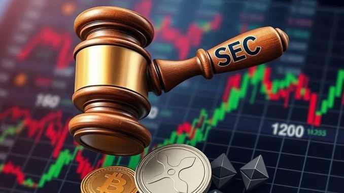 A dramatic scene showing the SEC's regulatory actions impacting an XRP coin and a crypto ETF chart, symbolizing market uncertainty.