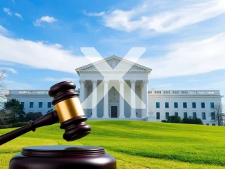 A gavel next to an XRP logo, symbolizing the ongoing Ripple SEC lawsuit and the anticipation for the upcoming SEC meeting.