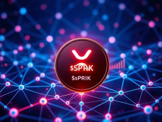 A digital representation of SparkDEX's $SPRK token fueling Flare DeFi growth and a surging DeFi TVL, reflecting the latest XRP News.