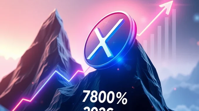 XRP coin surging with a graph showing potential 7800% growth by 2026