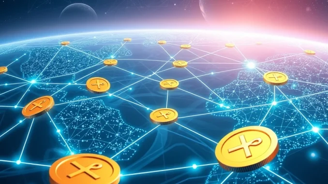XRP coins flowing through a global payment network, symbolizing growth and adoption.