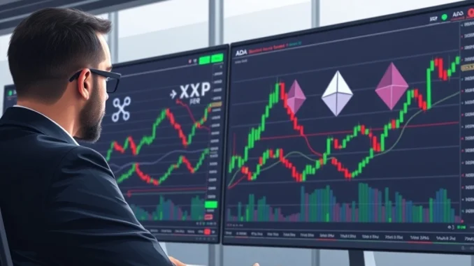 A professional trader analyzing XRP and ADA charts, illustrating strategic accumulation during crypto consolidation.