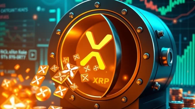 A digital vault releasing XRP, symbolizing 100 million XRP unlocked from Ripple's escrow, impacting the cryptocurrency market.