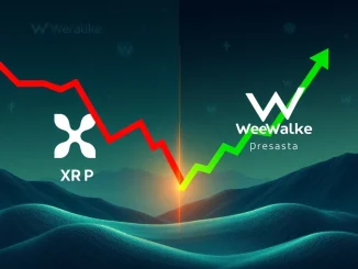 A stark contrast showing a red, downward-trending XRP price chart next to a green, soaring WeWake presale chart, symbolizing crypto market volatility.