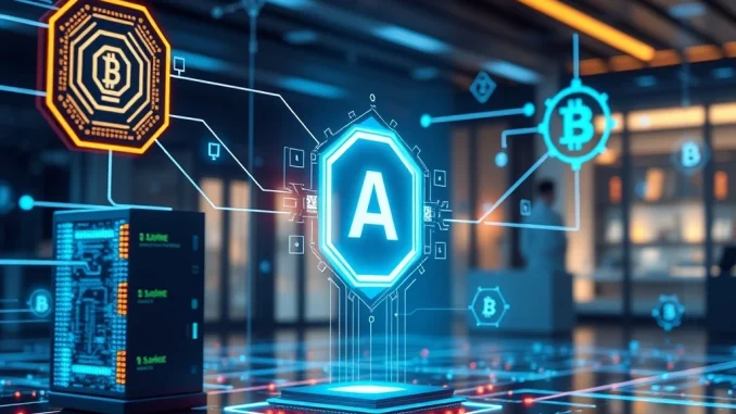 Abstract representation of YZi Labs investment in USD.AI protocol, showing AI hardware collateralizing crypto lending.