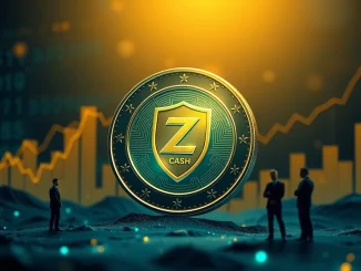 A visual representation of Zcash's potential growth, featuring a Zcash coin on an upward trend chart, symbolizing the Zcash price prediction driven by privacy and institutional interest.