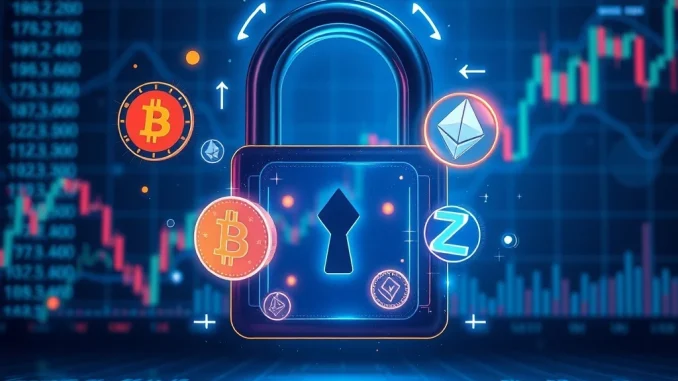 A visual metaphor of a digital lock opening, releasing various cryptocurrency symbols, emphasizing the significant ZRO token unlock and its market impact.