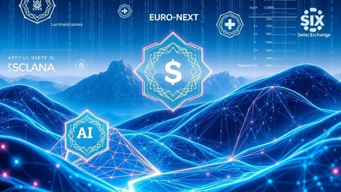 Revolutionary 21Shares ETPs: Pioneering AI and Solana Investment Opportunities Visualizing the launch of 21Shares ETPs, integrating AI protocols and Solana blockchain elements to represent new investment avenues.