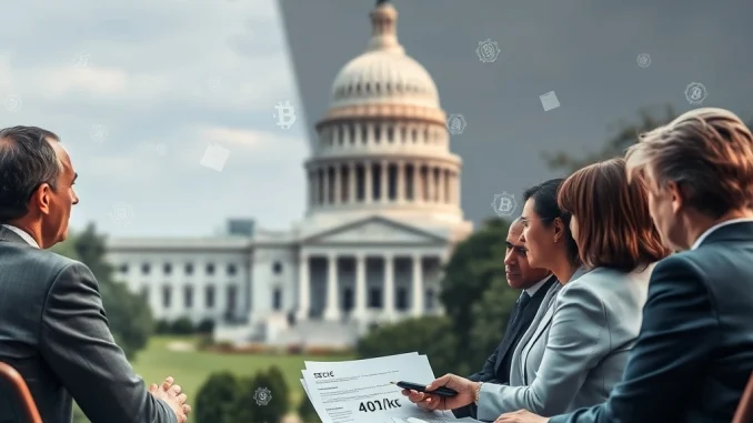 Lawmakers discuss 401k crypto integration with SEC officials, symbolizing the push for digital assets in retirement savings.