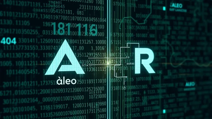 An illustration of Aleo and Request Finance logos interconnected, symbolizing their partnership in launching a secure private crypto payroll service.