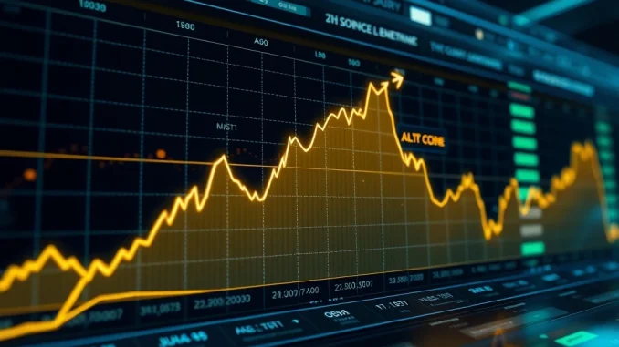 A rising chart bar representing altcoin share overshadowing Bitcoin, illustrating a shift in Binance futures trading towards altcoins.