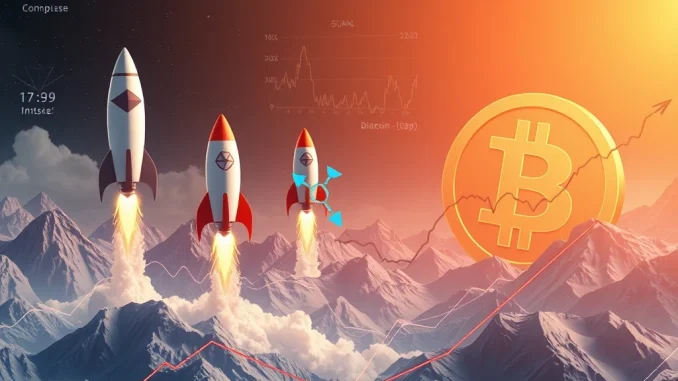 Visualizing the dramatic rise in altcoin leverage with Ethereum, Solana, XRP, and Dogecoin symbols soaring amidst crypto market volatility.