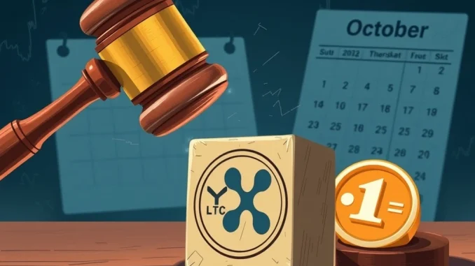 SEC gavel poised over altcoin spot ETFs, signifying crucial October decisions for Litecoin, Solana, XRP, and Dogecoin.
