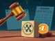 SEC gavel poised over altcoin spot ETFs, signifying crucial October decisions for Litecoin, Solana, XRP, and Dogecoin.
