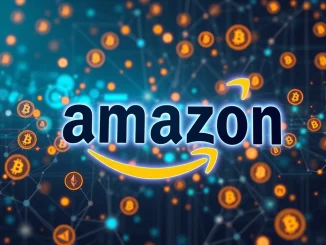 Amazon's logo integrated with crypto symbols, symbolizing its significant move into the digital asset space with a new Amazon crypto job opening.
