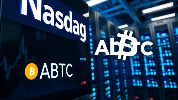American Bitcoin (ABTC) stock symbol on a Nasdaq ticker, representing its powerful debut and Trump-backed Bitcoin mining success.
