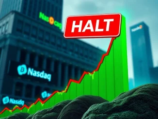 Chart depicting American Bitcoin's halted trading on Nasdaq after an extraordinary 59% surge, highlighting market volatility.