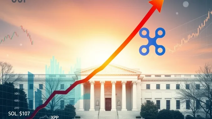 Visualizing Amplify SOL XRP ETFs filing with the SEC, combining crypto assets and financial growth.