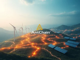 Ant Digital's initiative to put energy asset data on-chain, visualizing secure data flow from renewable sources to AntChain blockchain.