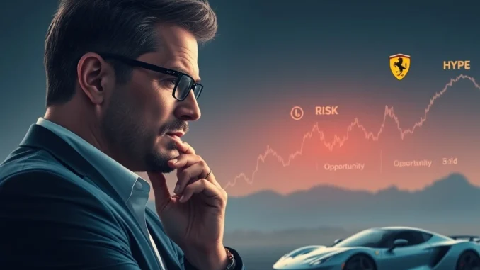 Arthur Hayes stands proudly beside a red Ferrari, symbolizing his HYPE token sale for a supercar purchase.