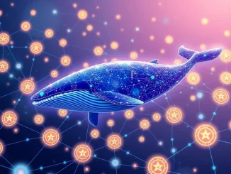 Digital illustration of an Astar whale holding a massive amount of ASTER tokens, symbolizing significant cryptocurrency holdings.