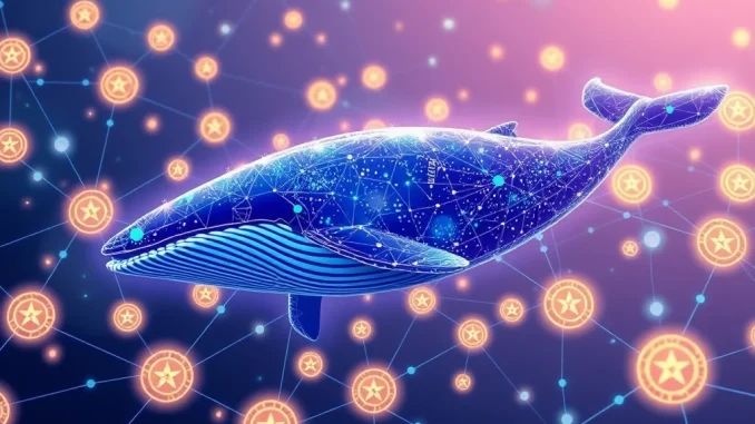 Digital illustration of an Astar whale holding a massive amount of ASTER tokens, symbolizing significant cryptocurrency holdings.