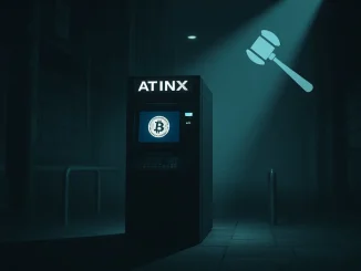 A cryptocurrency ATM with a legal gavel overlay, symbolizing the Athena Bitcoin indictment and ongoing Crypto ATM fraud investigations.