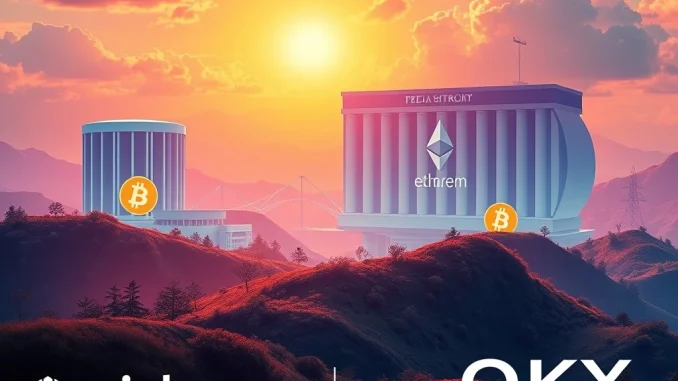 Visualizing **Australia crypto pensions** integration, showing digital assets flowing into a superannuation fund, with Coinbase and OKX branding.