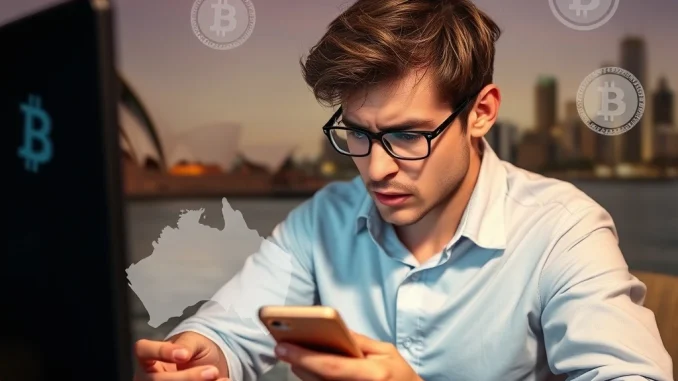 An illustration showing the significant **Australian crypto banking** hurdles faced by users trying to access digital assets, with a person looking stressed while using a bank card.