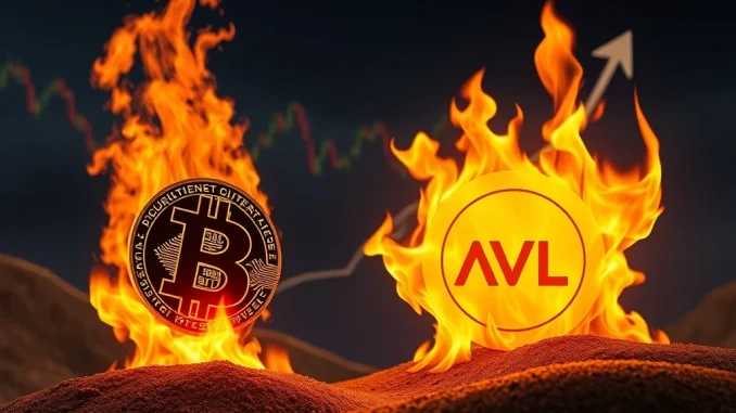 A digital representation of Avalon Labs' AVL tokens being burned, signifying a value increase and strengthening of Bitcoin on-chain finance.