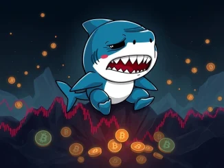 An illustration depicting a Baby Shark token's value plummeting on a crypto chart, symbolizing the recent crypto crash and Pinkfong's denial of official ties.