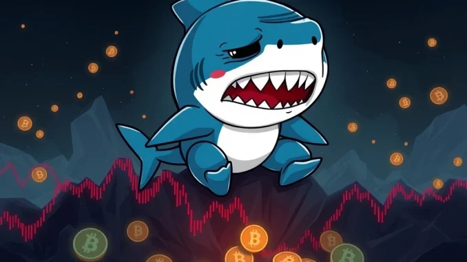 An illustration depicting a Baby Shark token's value plummeting on a crypto chart, symbolizing the recent crypto crash and Pinkfong's denial of official ties.