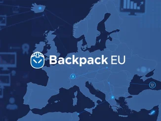 The **Backpack EU** logo over a digital map of Europe, symbolizing its launch of regulated **perpetual futures trading** and compliance.