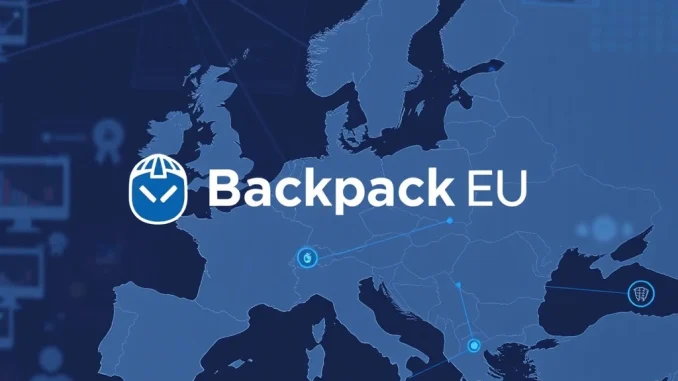 The **Backpack EU** logo over a digital map of Europe, symbolizing its launch of regulated **perpetual futures trading** and compliance.