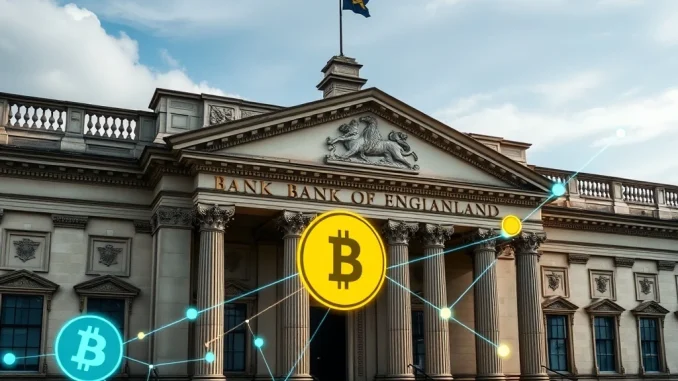 Bank of England building, symbolizing new stablecoin regulation allowing government bonds as backing, fostering trust in digital assets.