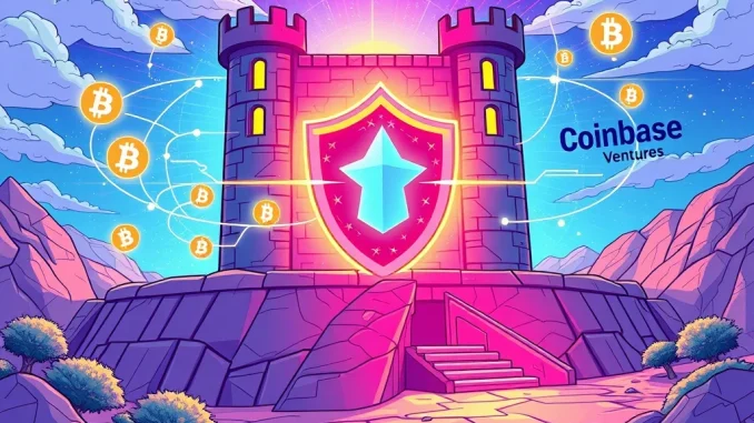 An illustration of a digital shield representing Bastion, surrounded by logos of venture capital firms, symbolizing the successful Bastion funding round and strategic investment in the crypto startup.