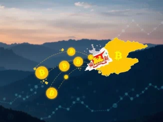A digital representation of Bitcoin flowing from a map of Bhutan, illustrating the significant Bhutan Bitcoin holdings transfer and its strategic implications.