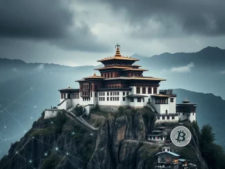 Bhutan government BTC transfer, showing a traditional Bhutanese architectural element with subtle digital currency overlay, signifying its significant Bitcoin activity.