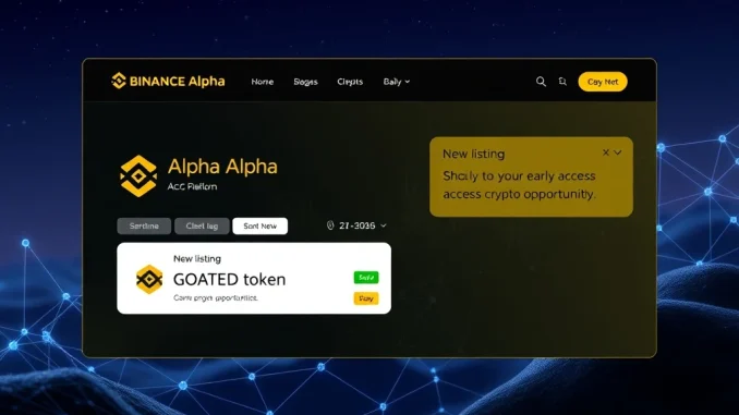 Binance Alpha platform screen showing the new GOATED token listing, symbolizing access to early-stage crypto projects.