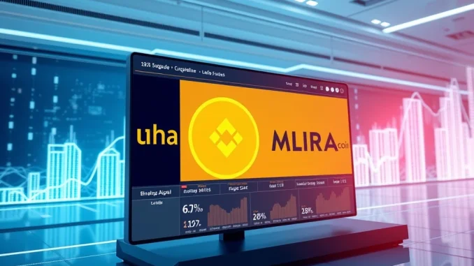Digital display showing Binance Alpha listing MIRA coin, symbolizing new opportunities in early-stage crypto trading.